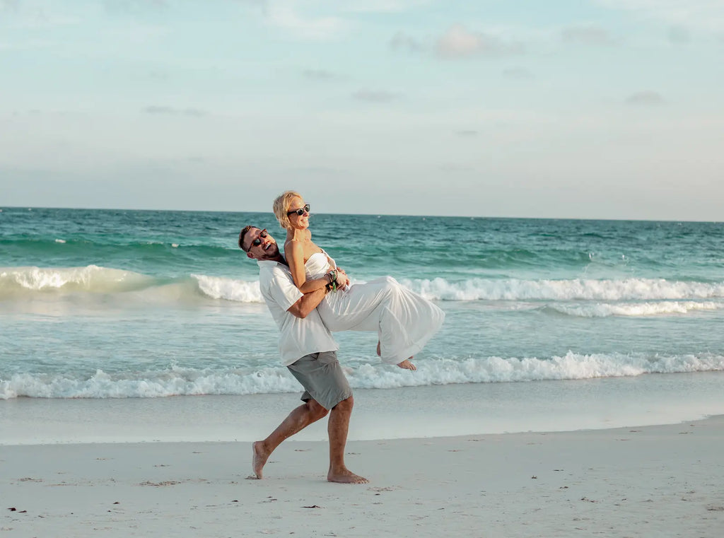 Beach engagement photoshoot in Tulum at sunset